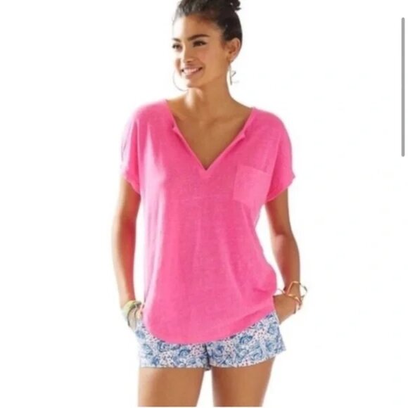 Lilly Pulitzer Linen Duval Top Notch V Neck Short Sleeve Shirt - Picture 1 of 7
